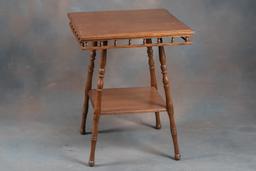 Antique oak Lamp Table with spindle skirt, circa 1900-1910, 24" square top x 30" T with suspended st
