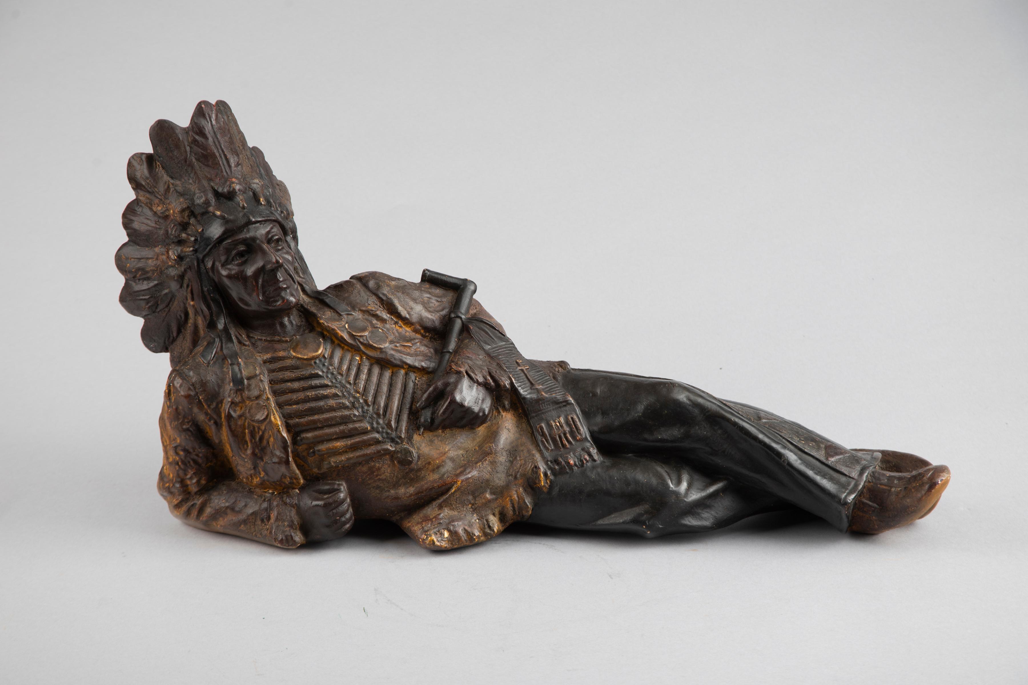 Very unique antique counter top reclining chalk Cigar Store Indian Match Striker marked "Ohio Match