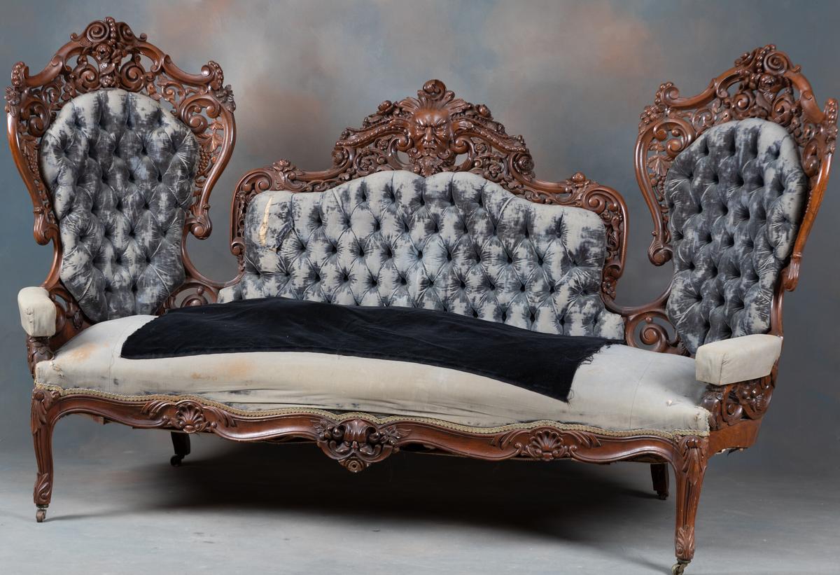 Truly Museum Quality Rare Laminated Rosewood double chair back highly carved Settee attributed to ea