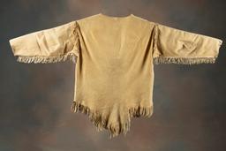 Later Doe Skin and fringed beaded Jacket with strips of beadwork on arms, some hand painting of Buff