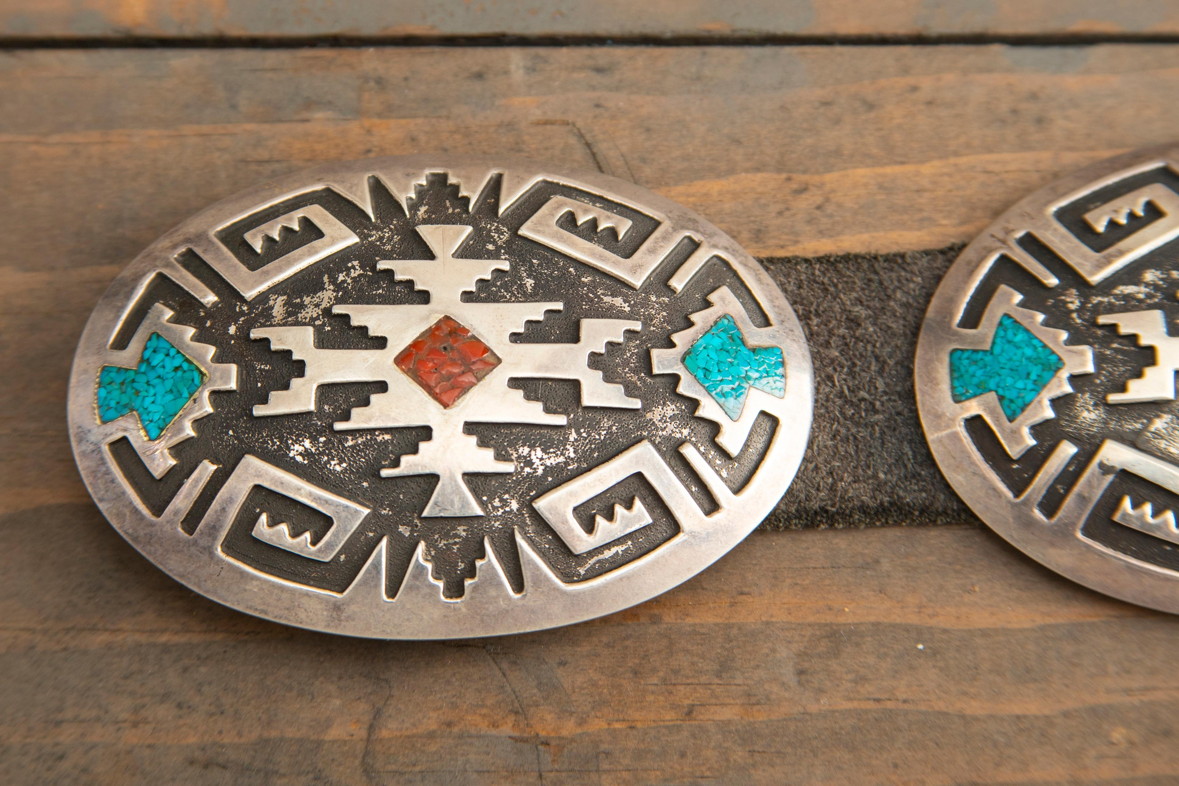 Beautiful silver Concho Belt with seven 3" domed conchos with inlaid coral and turquoise. Buckle is