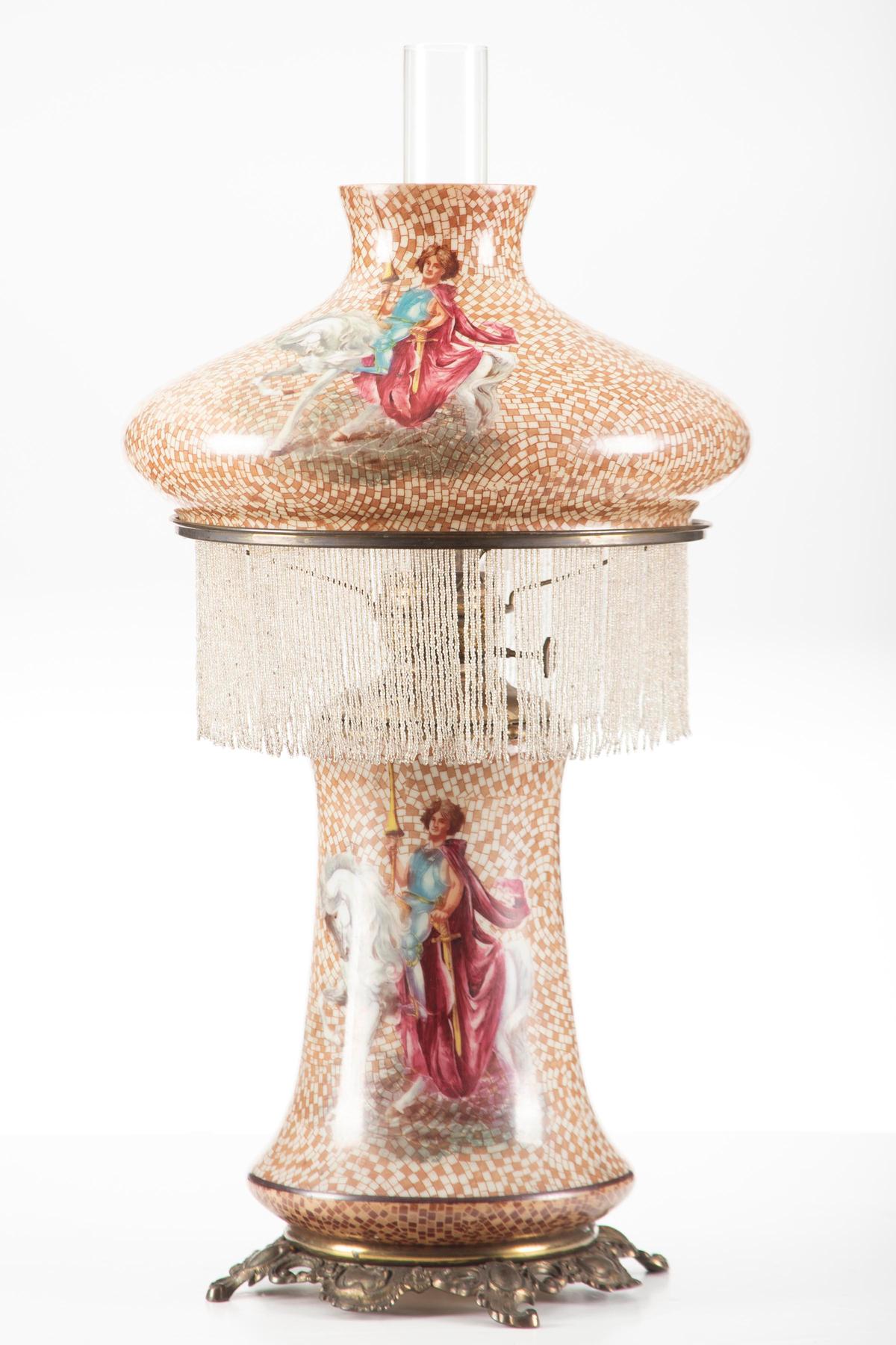 Fine antique Oil Lamp attributed to Pittsburgh Lamp Co., with beautiful hand painted shade and match