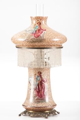 Fine antique Oil Lamp attributed to Pittsburgh Lamp Co., with beautiful hand painted shade and match