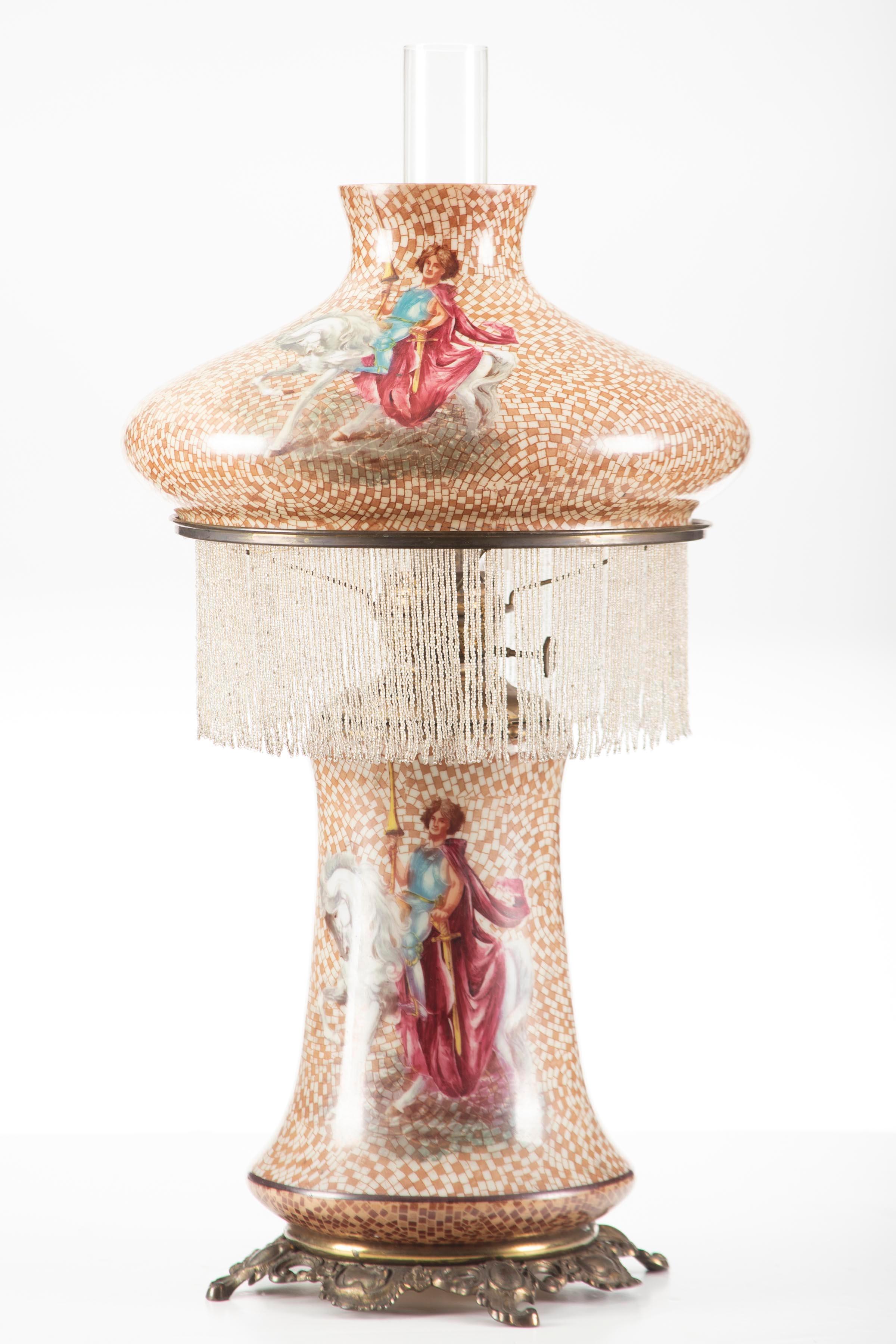 Fine antique Oil Lamp attributed to Pittsburgh Lamp Co., with beautiful hand painted shade and match