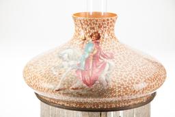 Fine antique Oil Lamp attributed to Pittsburgh Lamp Co., with beautiful hand painted shade and match