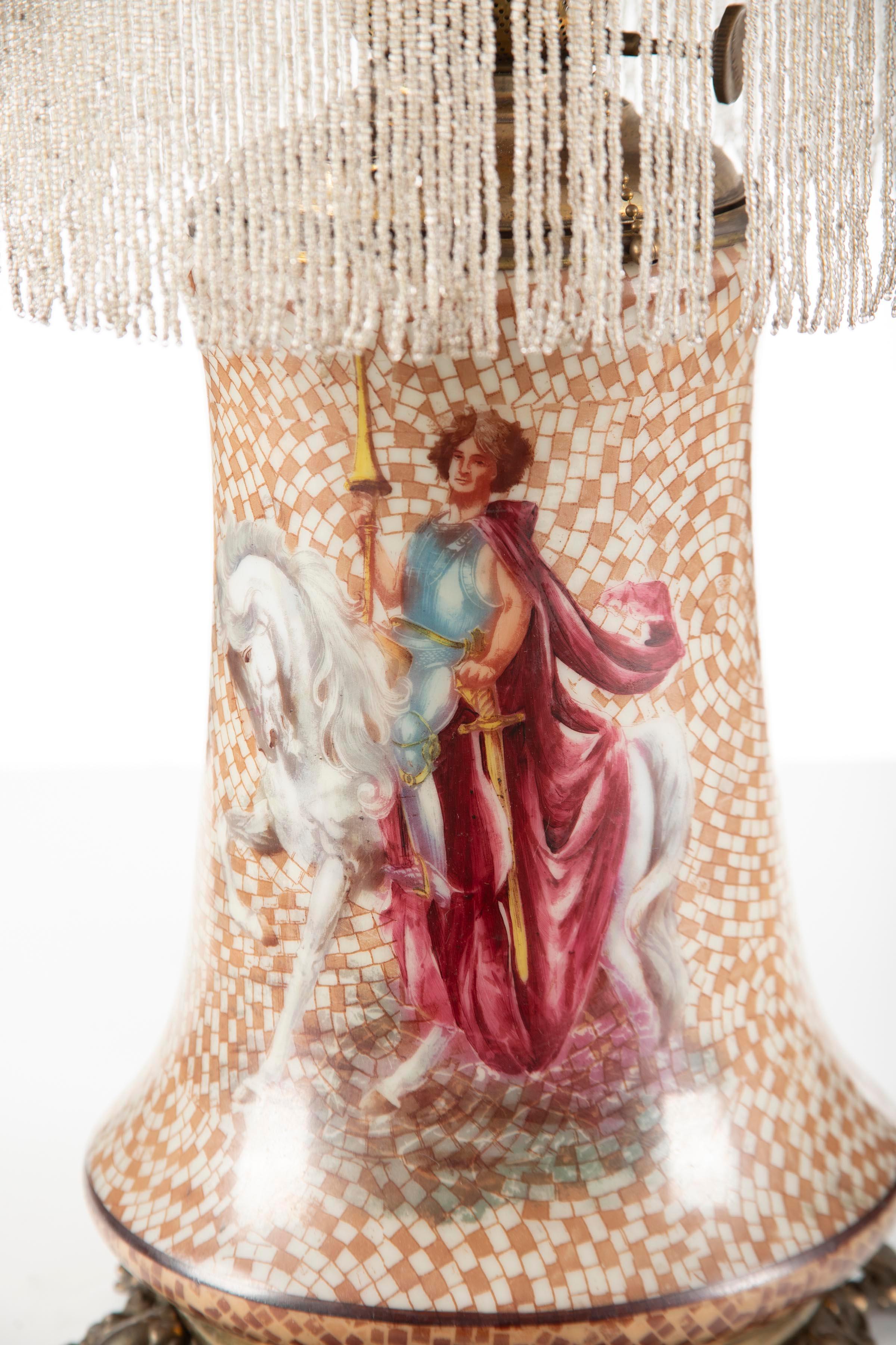 Fine antique Oil Lamp attributed to Pittsburgh Lamp Co., with beautiful hand painted shade and match