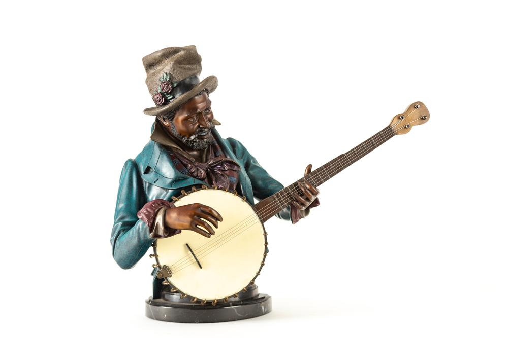 Bronze Sculpture by noted artist A. Matthews, titled "The Banjo Player", #20/88, approximately 18" T