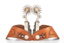 Pair of Lytle & Mower double mounted, hand engraved Spurs with Mother of Pearl inlay, 2" multi-point