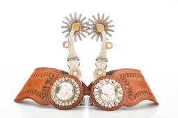 Pair of Lytle & Mower double mounted, hand engraved Spurs with Mother of Pearl inlay, 2" multi-point