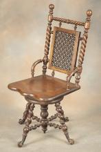 Scarce antique Hunzinger walnut revolving high back Piano Stool, circa 1890, with wooden ball and cl
