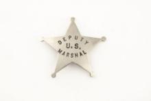 Silver colored vintage 5-point Ball Star Badge marked â€œDEPUTY U.S. MARSHALâ€�, has working pin and