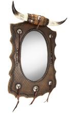 High Quality contemporary leather wrapped Mirror Hatrack with bull horn crest. Unique and decorated