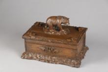 Fancy molded Cigar Box with bear on top of hinged lid, shows fancy workmanship. Excellent condition
