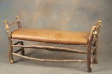 Fine Lodge Style Window Bench, very well constructed with double stretcher, covered with brown leath