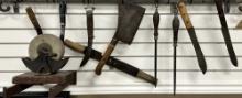 Ten (10) vintage Butcher Tools to include: 1 large Meat Cleaver, 2 shapening Hones, 6 Butcher Knives