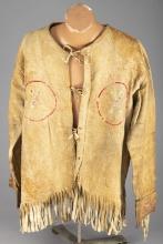 Vintage leather and quill decorated fringed Shirt, circa 1900-1910. Fringe is 8" long on sleeves and