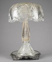 Large Cut Glass, one piece, Table Lamp, 21" T x 14" dia. shade x 7 1/2" dia. base. Sold with footed