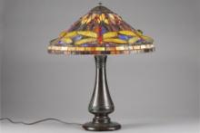 "Moe Bridges" marked Table Lamp, circa 1920s, with 20" dia. stained glass dragonfly shade (shade is