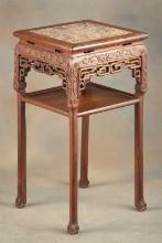 Heavily carved marble top Side Table with inset marble, circa 1920s, measures 32" T x 16 1/2" sq. to