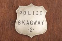 Vintage Shield Badge marked â€œPOLICE SKAGWAY 2â€�, minor hand engraving with lots of great patina,