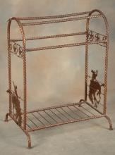 Fine custom iron Saddle Stand with silhouettes of cowboys on bucking horses on each end and a row of