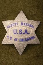 Beautifully engraved vintage 6-point Star Badge marked â€œDEPUTY MARSHAL U.S.A./ N.D. OF OKLAHOMAâ€�
