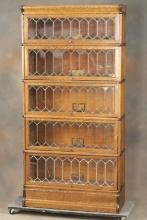 Beautiful antique five (5) stack quarter sawn oak, full leaded glass door Lawyers Bookcase by Globe-