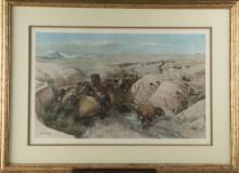 Hand signed Western Print by CA Artist John Clymer, titled "Tribal Hunt", dated 1973, in original fr