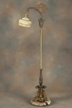 Beautiful antique brass and marble Floor Lamp, circa 1920s, with original embossed pastel pink & gre