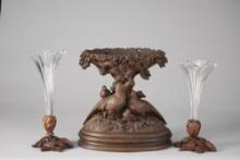 Three Piece Black Forest Mantle Set to include a large carved Centerpiece with pheasants and chicks