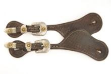Fancy pair of vintage basket weave two-piece Spur Straps with gold and silver plated buckles and kee