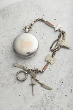 Antique large open face man's silver case Pocket Watch, with large gold bull overlaid on back. Watch