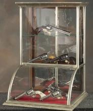 Unique antique counter top model curved glass Showcase, 1880-1890s, with silver label marked "Brookl