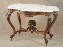 Beautiful Victorian Walnut turtle top, marble top Parlor Table,  measures 41" L x 29" across at wide