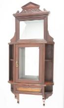 Unique two piece Walnut Victorian hanging Wall Curio, 46" T x 20" W  with beveled glass door and sin