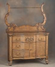 Beautiful American antique, quarter sawn oak, Serpentine Washstand, with claw foot base, circa 1900,