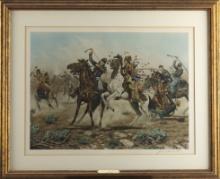 Framed action Print, hand signed at lower right Joe Grandee, 1972, titled "Death To the Long Knives"
