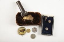 Framed collection of  9 Items to include: (1) Antique fur with embossed buffalo Cheroot Case. (2) Tw