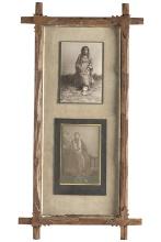 Framed pair of Indian Cabinet Photographs. The top one is marked "Apache Medicine Robe" marked front