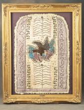 Incredible vintage, large framed, Embroidered Silk Banner with glass beads and buttons done in a sil