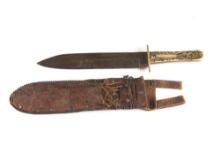 Early Spear Point Side Knife with stag grips. Blade is marked "Rio Grande Camp Knife", measures 9 7/