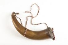 Early Steer Horn Powder Horn with unique spotted tack end cap, measures 17" L and has unique taper t