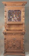 Beautiful antique leaded and stained glass, oak two-piece, step back Bar, in original finish and con