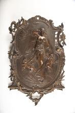 Beautiful antique bronze Wall Hanging Plaque in Art Nouveau style with semi-nude lady and cherubs at