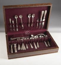 Partial set of Stieff Sterling Flatware in wooden box totaling 27 pieces. Some large serving pieces,