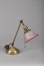 Vintage brass weighted base Desk Lamp with original etched cranberry, fluted 5 3/4" shade, original