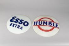 Two vintage curved glass insert Gas Pump Sign Advertisements.  The Esso Extra measures 13 1/2" dia.