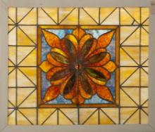 Antique stained and leaded glass Window with large jewel in center, circa 1890-1900, frame measures
