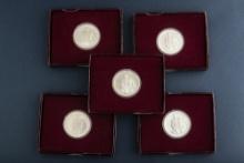 Group of five (5) cased Silver Half Dollars commemorating George Washington, 1732-1982, coins are 90