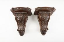 Matched pair of carved Corbels (Shelves), very good condition with heavy brass hanging brackets. WIL